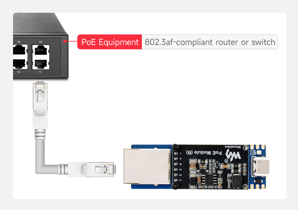 RP2350-POE-ETH development board, connected to PoE Equipment via Ethernet cable