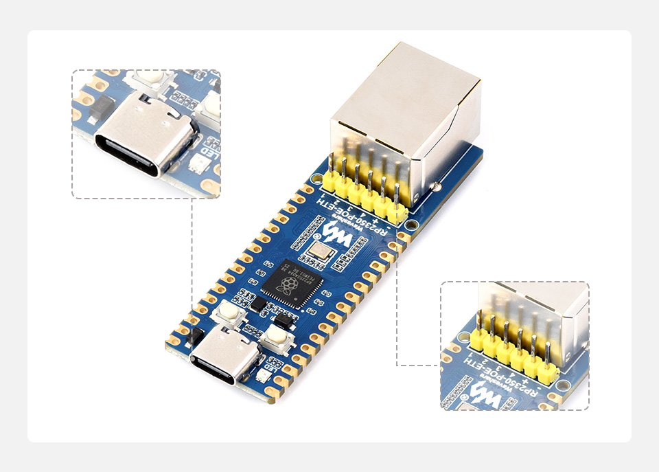 RP2350-POE-ETH development board, supports both PoE module and USB Type-C power supply