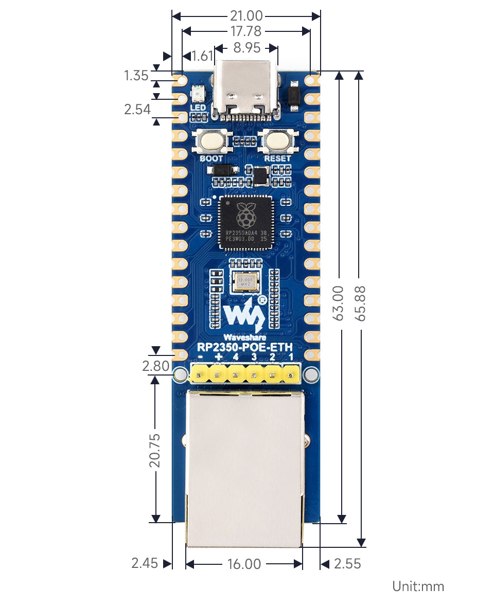 RP2350-POE-ETH Mini Development Board, outline dimensions