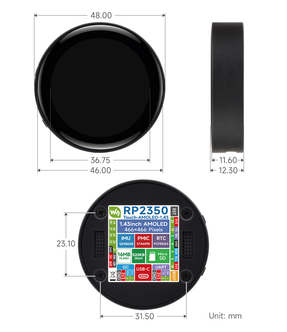 RP2350-Touch-AMOLED-1.43-B, outline dimensions