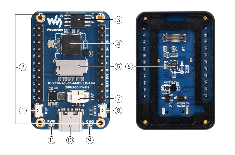 RP2350 Touch AMOLED 1.64, onboard components