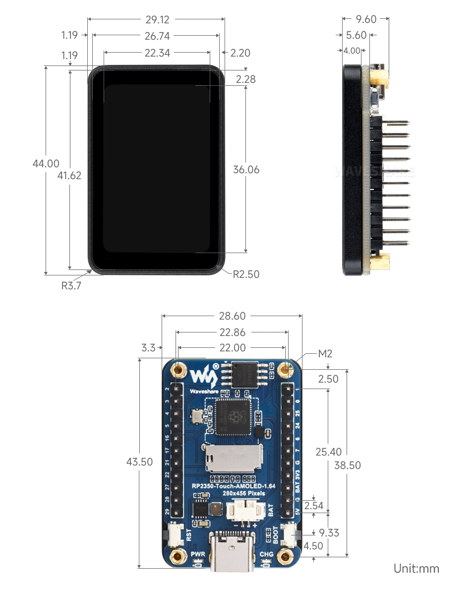 RP2350-Touch-AMOLED-1.64-M, outline dimensions