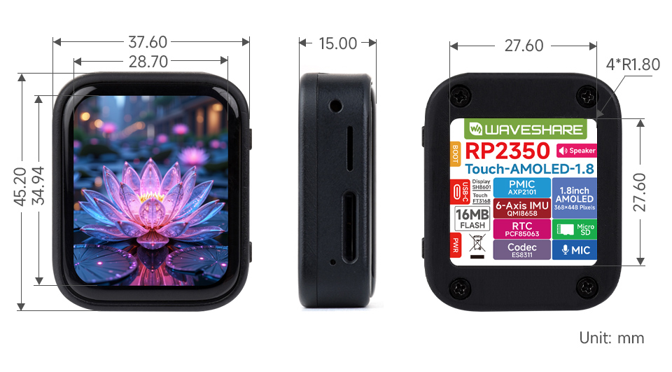 RP2350 1.8inch touch display development board, outline dimensions