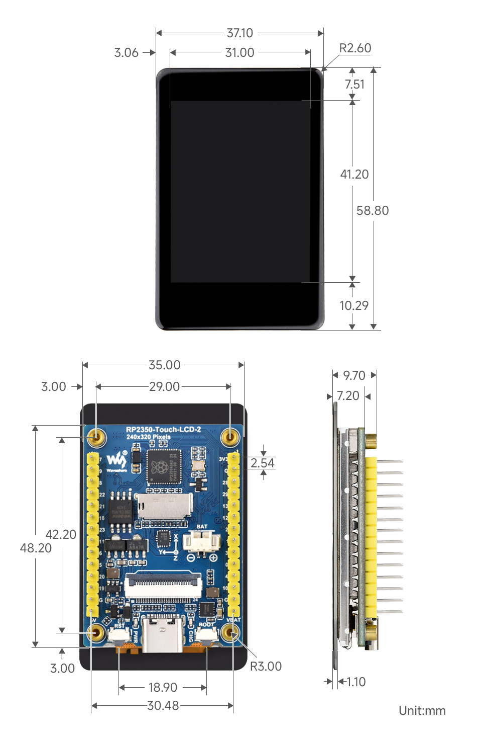 RP2350 2inch touch display development board, outline dimensions