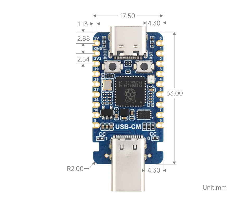 RP2350-USB-C Mini Development Board, outline dimensions
