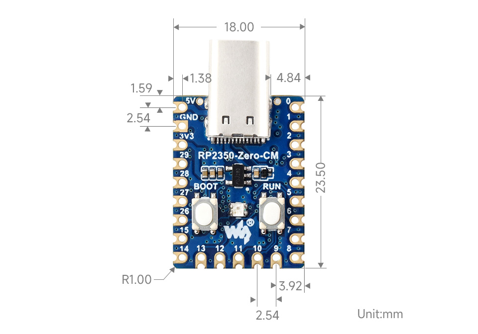 RP2350-Zero-CM Mini Development Board, outline dimensions