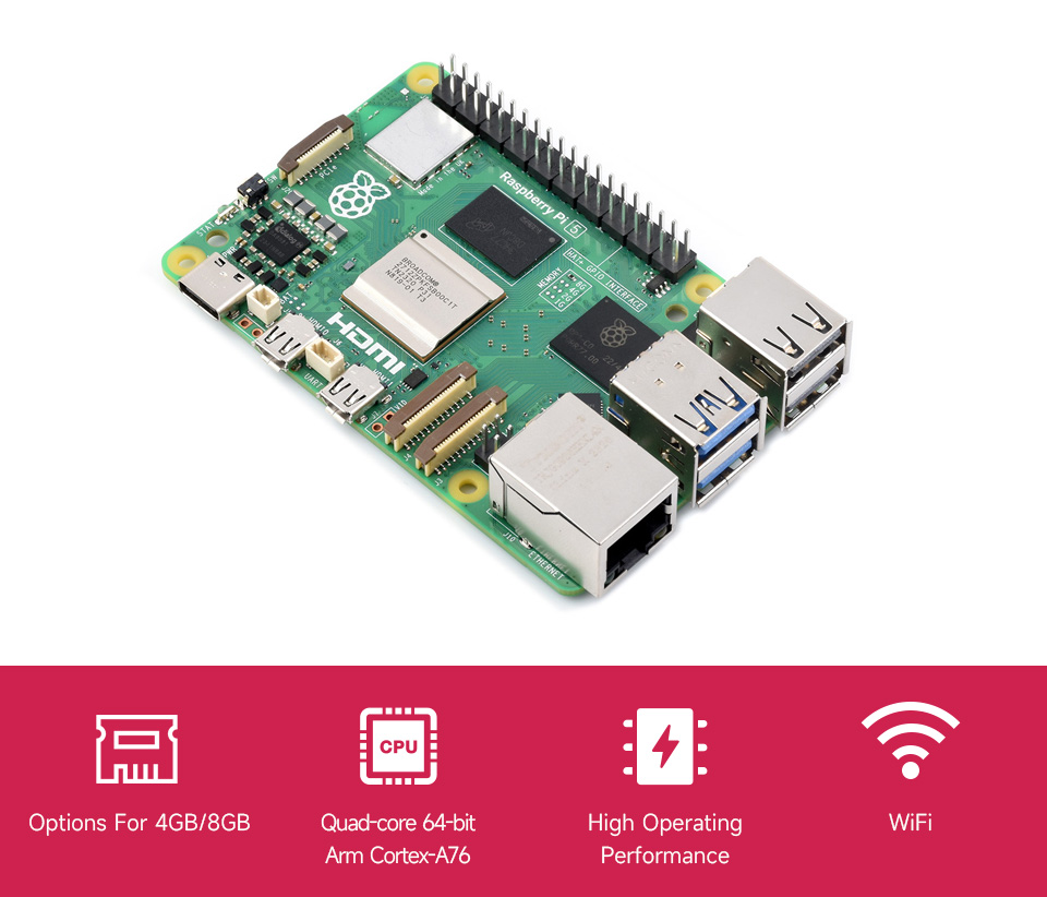 Raspberry Pi 5 Kit, Options for Kits and 4GB/8GB RAM, BCM2712 processor,  2.4GHz quad-core 64-bit Arm Cortex-A76 CPU, Built Using RP1 I/O Controller  Designed By Raspberry Pi