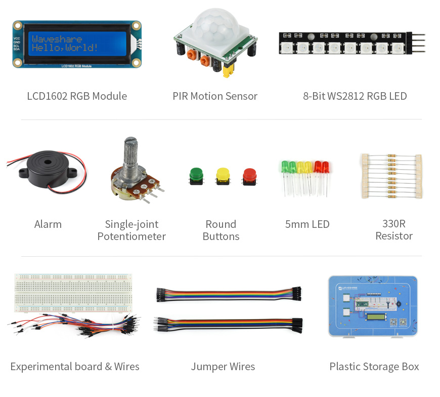 micropython, com módulo de pico lcd1602 rgb sensor pir ws2812 rgb led etc