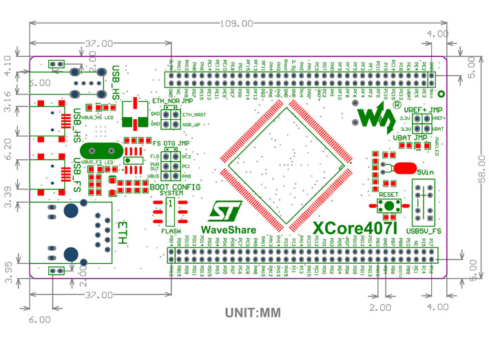 STM32 MCU core board dimensions