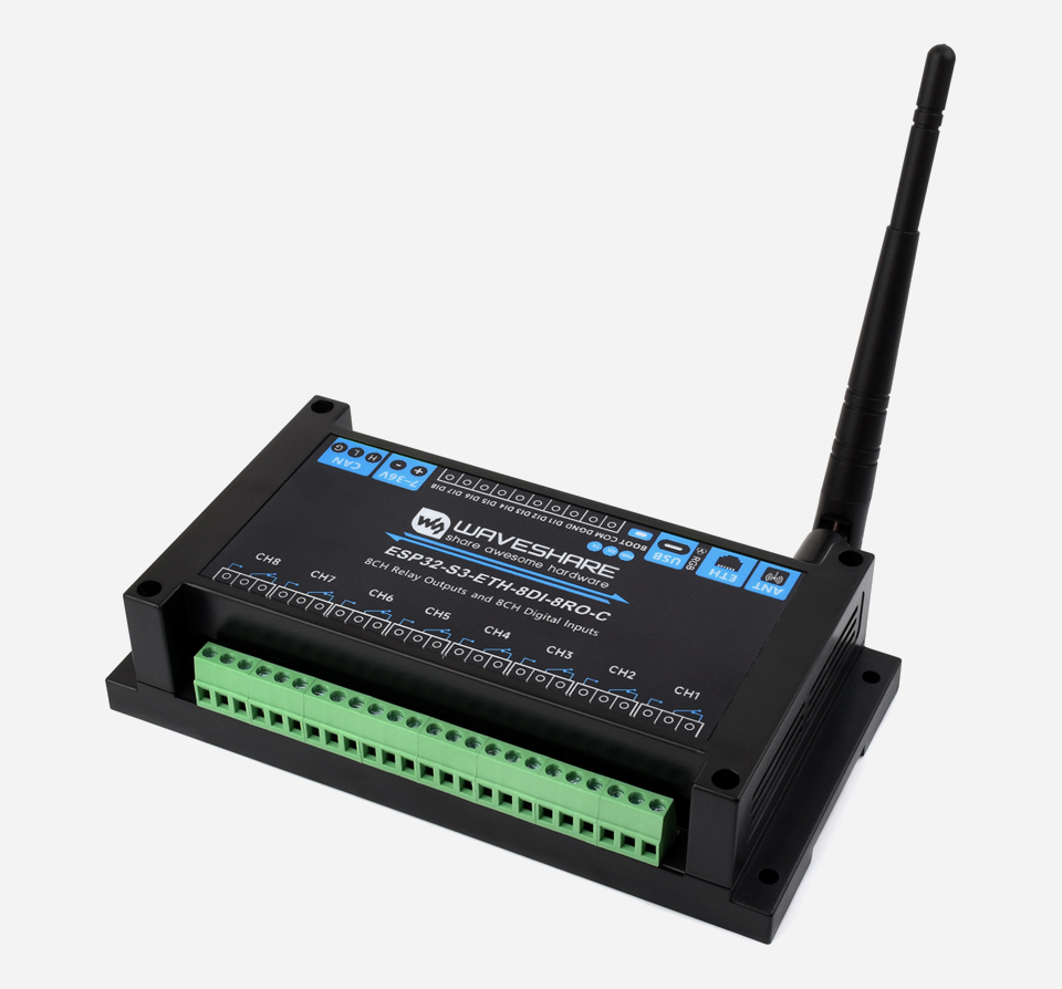 Industrial 8-Channel ESP32-S3 WiFi Relay Module, front view