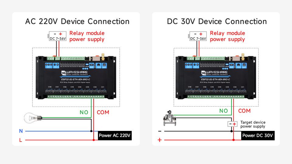 Industrial 8-Channel ESP32-S3 WiFi Relay Module, AC / DC connection demo