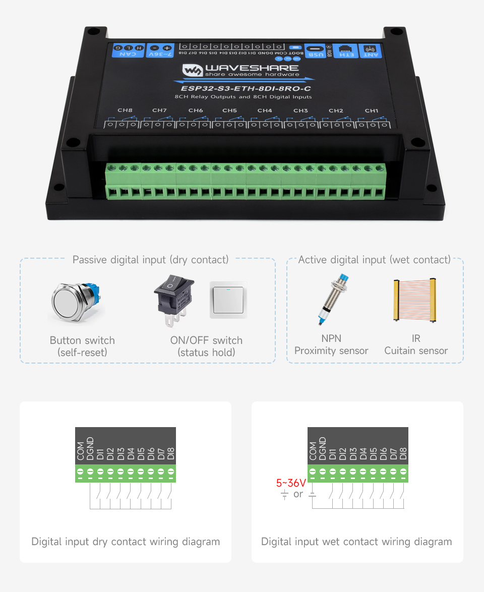 Industrial 8-Channel ESP32-S3 WiFi Relay Module, digital input connection