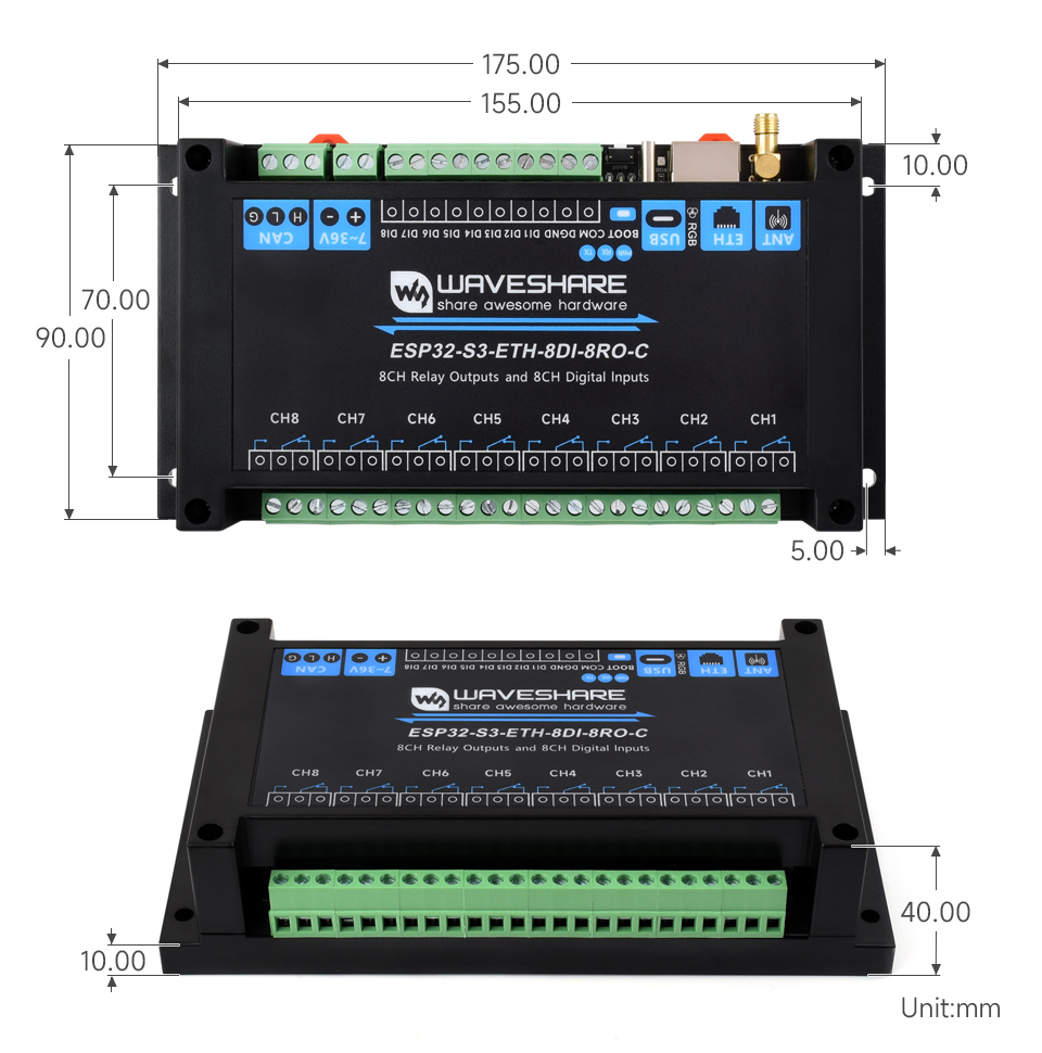 Industrial 8-Channel ESP32-S3 WiFi Relay Module, normal Ethernet port outline dimensions