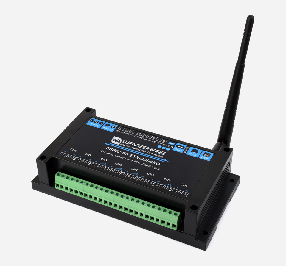 Industrial 8-Channel ESP32-S3 WiFi Relay Module, front view