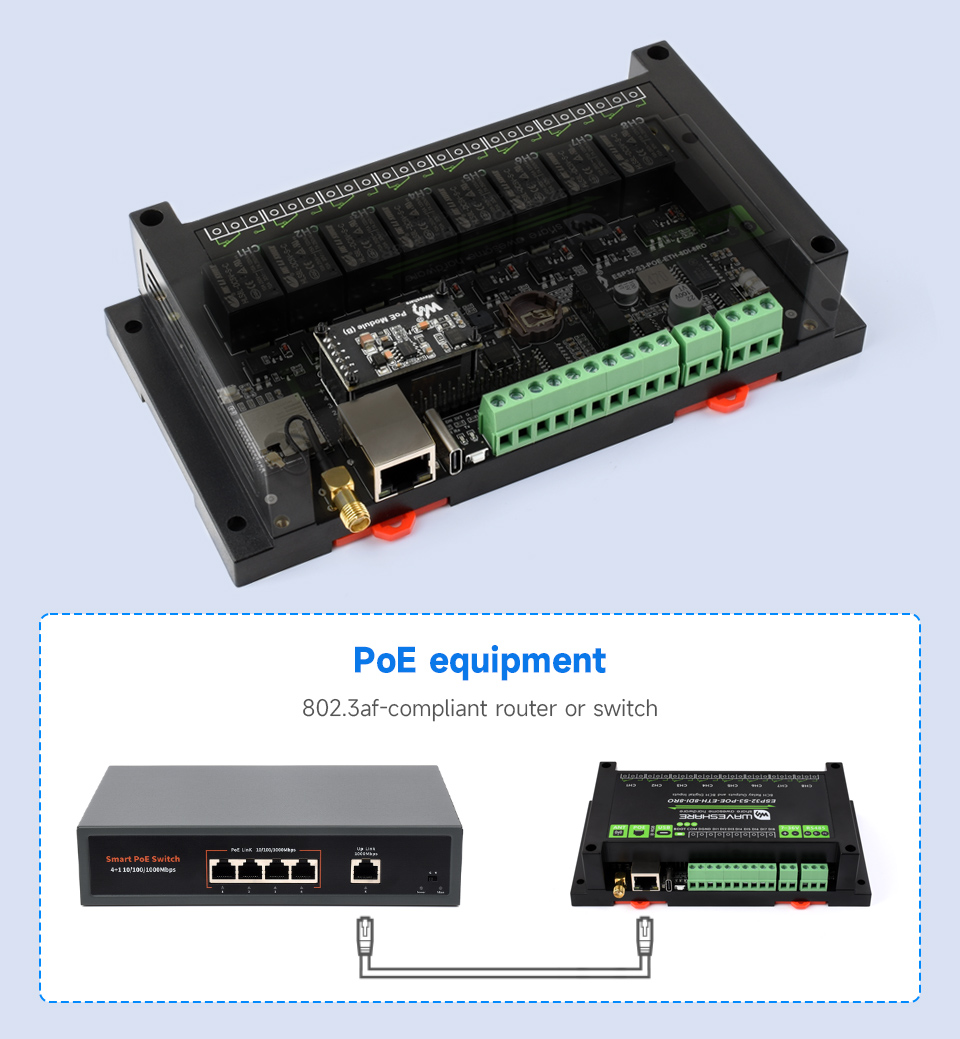 Industrial 8-Channel ESP32-S3 WiFi Relay Module, built-in PoE module