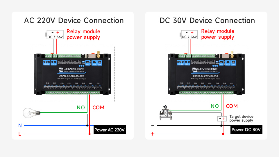 Industrial 8-Channel ESP32-S3 WiFi Relay Module, AC / DC connection demo