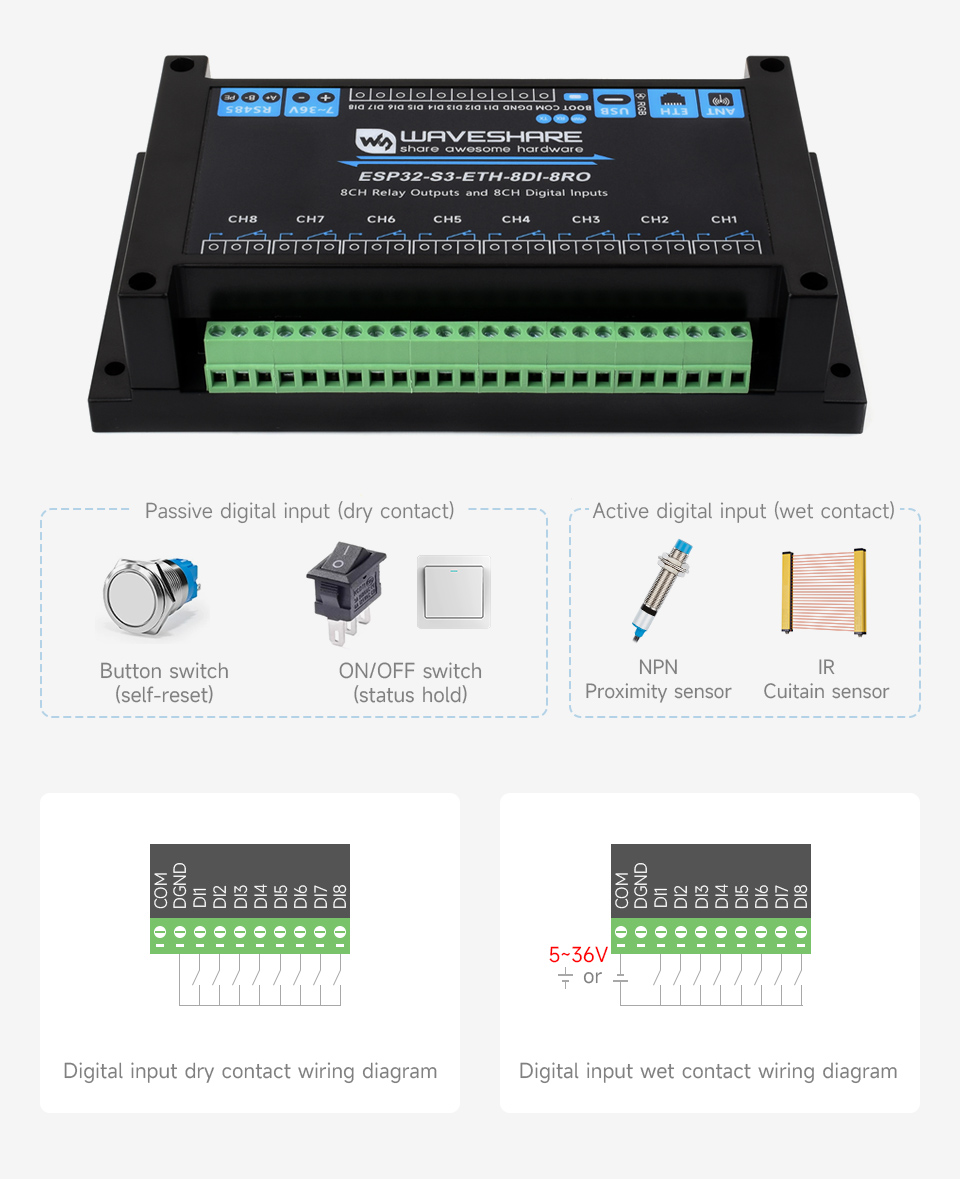 Industrial 8-Channel ESP32-S3 WiFi Relay Module, digital input connection