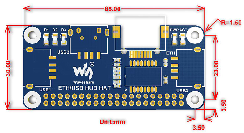 Ethernet / USB HUB HAT (B) for Raspberry Pi series, 1x RJ45 Ethernet Port,  3x USB 2.0 Ports