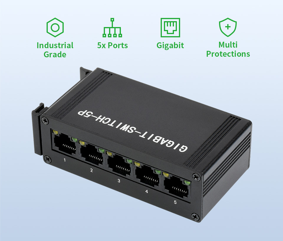 Industrial Grade 5P Gigabit Ethernet Switch, IEEE 802.3x-Compliant  Full-Duplex 10/100/1000M Connection, DIN Rail Mount