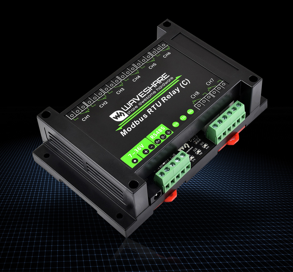 Modbus RTU 8-ch Latching Relay Module (C), front view
