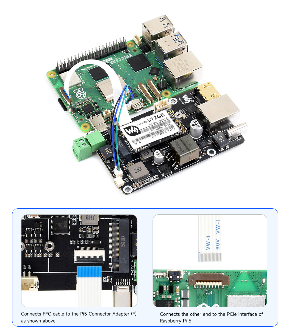 PCIe To M.2 Multifunctional Adapter, connecting to PI5 via 16PIN cable