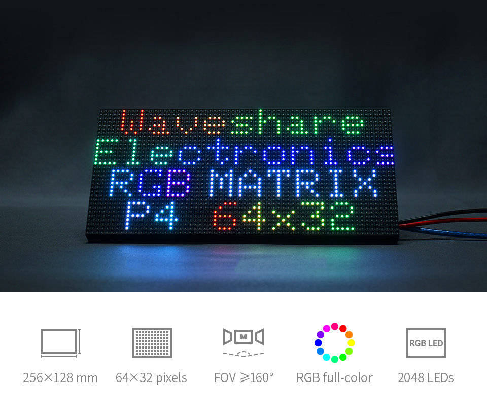 RGB Full-Color LED Matrix Panel, 4mm Pitch, 64×32 Pixels, Adjustable  Brightness