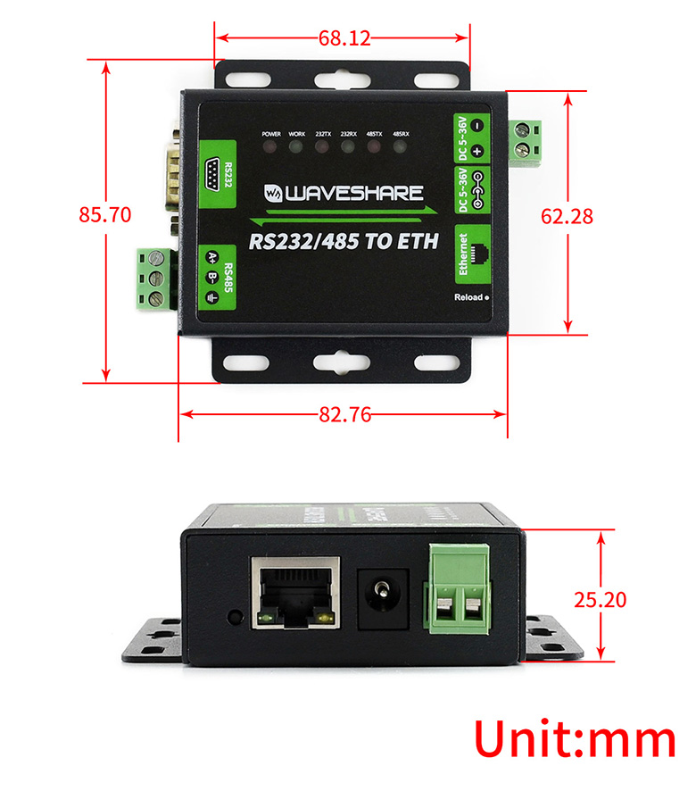 RS232/485 TO ETH dimensions