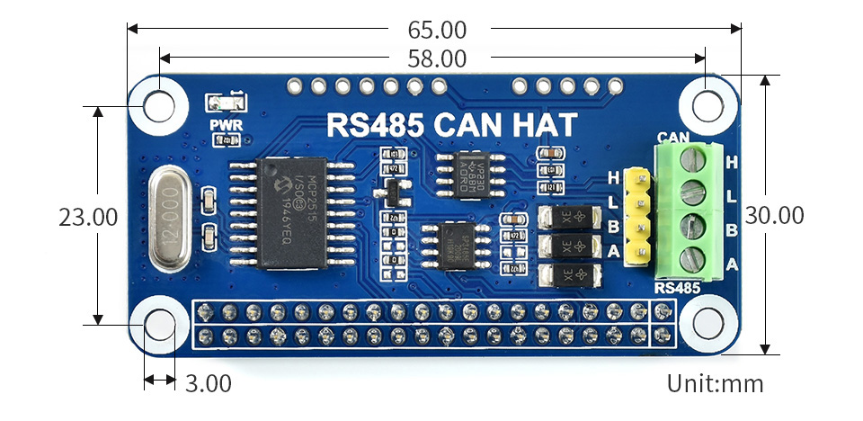 RS485 PUEDE HAT dimensiones