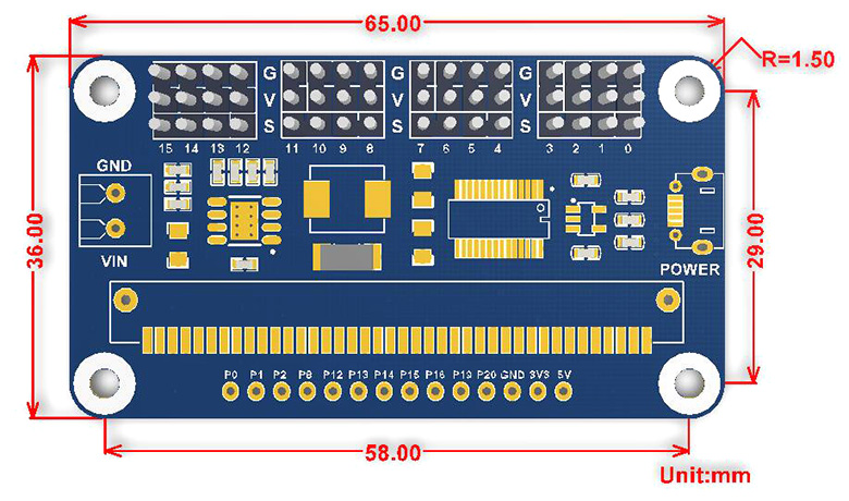 Servo Driver for micro:bit dimensions