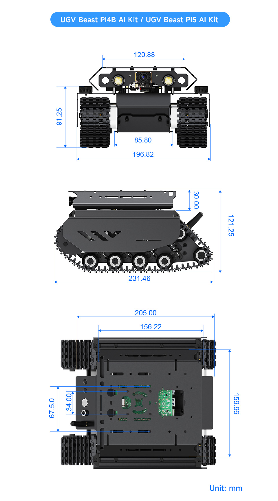 UGV Beast AI Kit without PT module, outline dimensions
