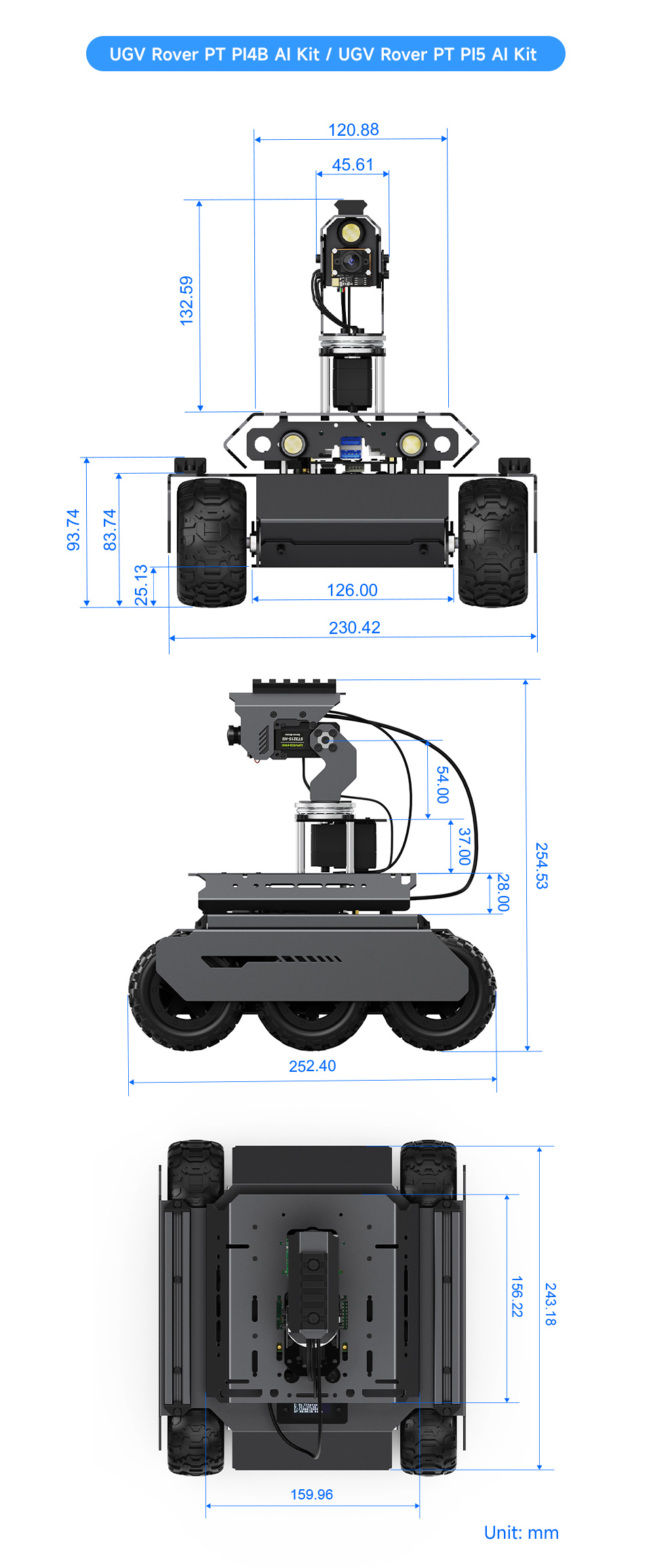 UGV Rover PT AI Kit, outline dimensions