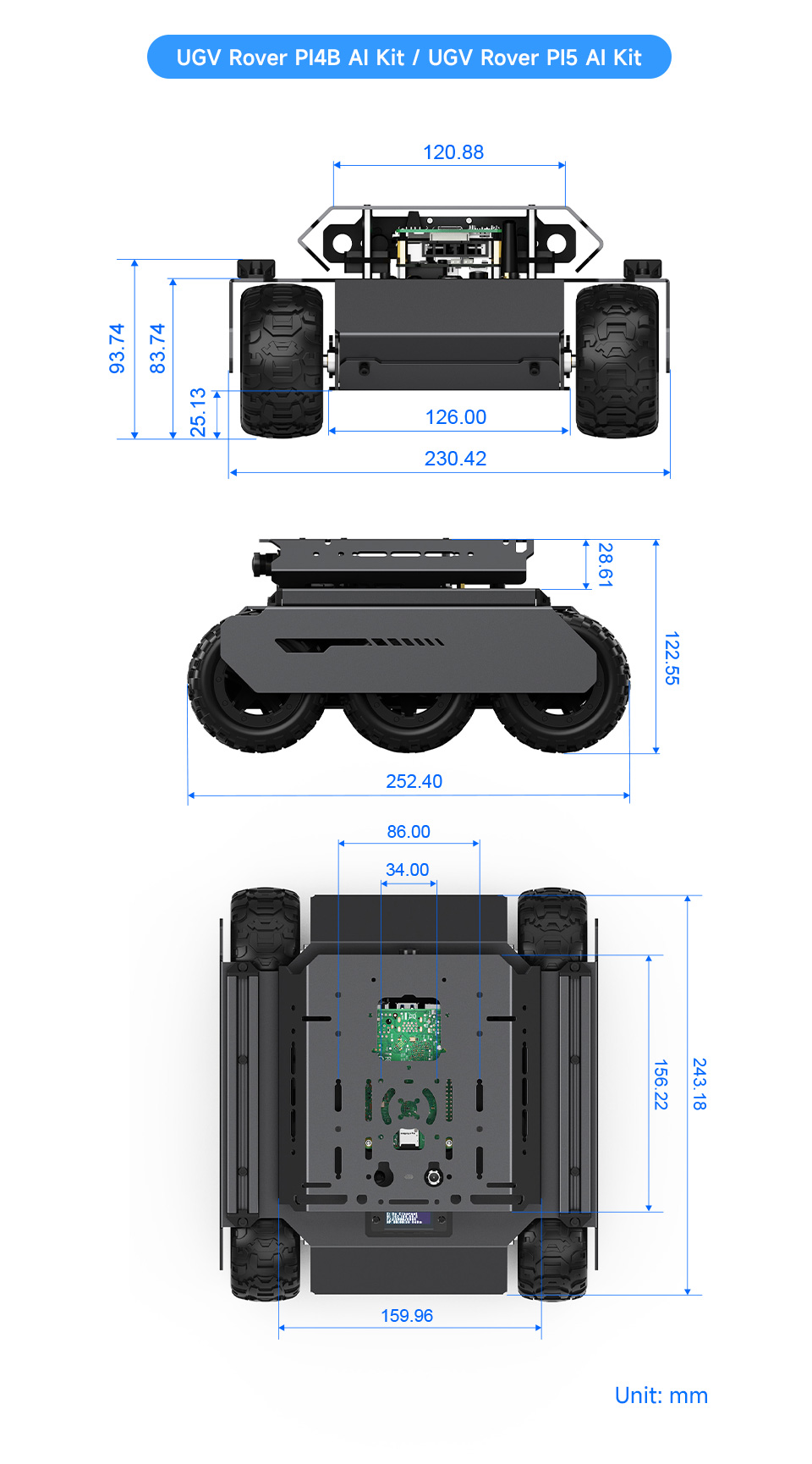 UGV Rover AI Kit without PT module, outline dimensions