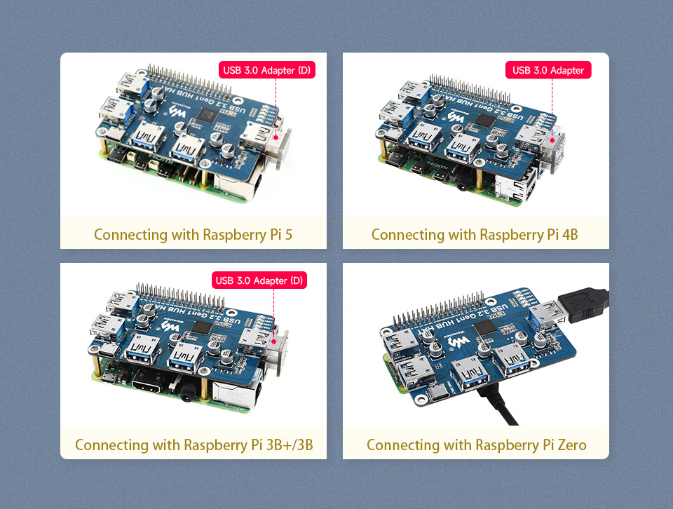 usb 3.2, gen1, com 4 portas, para raspberry pi 4b, com chapéu