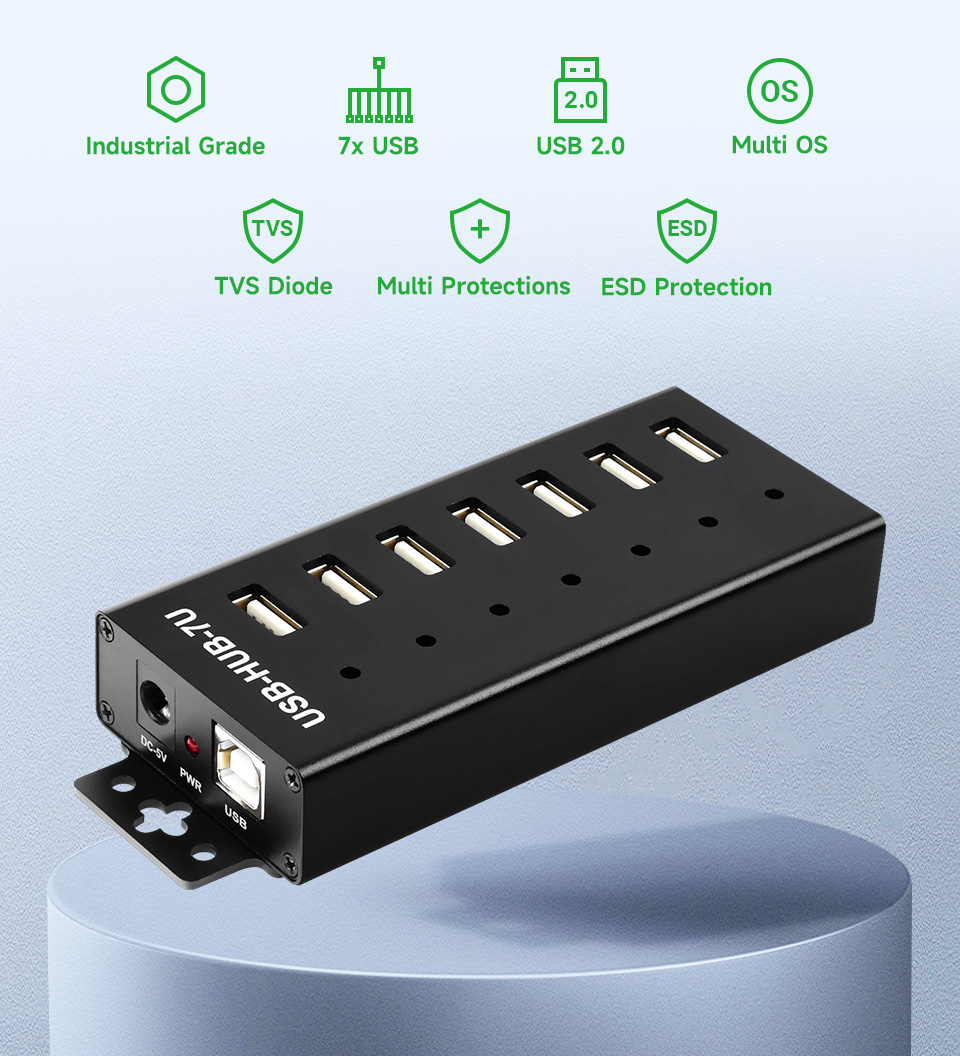 Industrial Grade USB HUB, Extending 7x USB 2.0 Ports