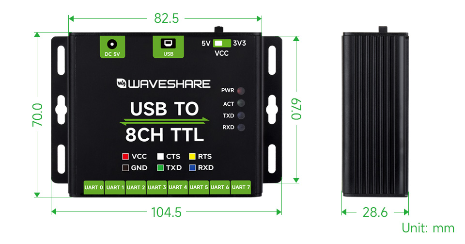 USB TO 8CH TTL Converter, outline dimensions