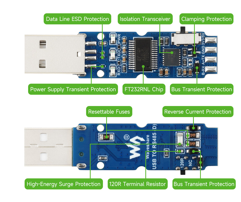 USB TO RS485 (D) Industrial Grade Isolated Bidirectional Converter, Onboard original FT232RNL chip and built-in Lightningproof tube, resettable fuses, ESD and TVS protection circuits, etc.