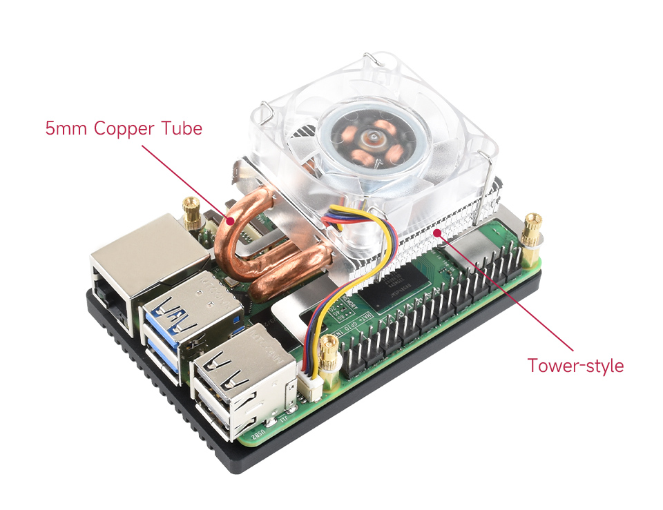 ICE Tower Fan V2 for Pi5, back view, installed with Raspberry Pi 5