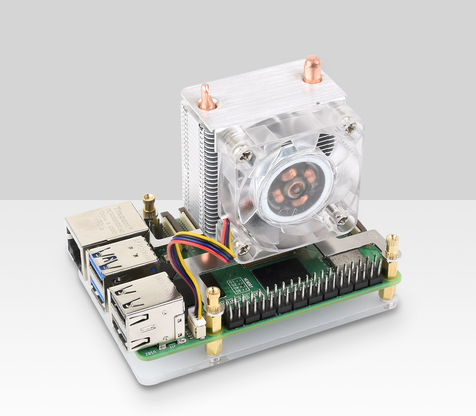 ICE Tower Fan for Pi5, front view, installed with Raspberry Pi 5