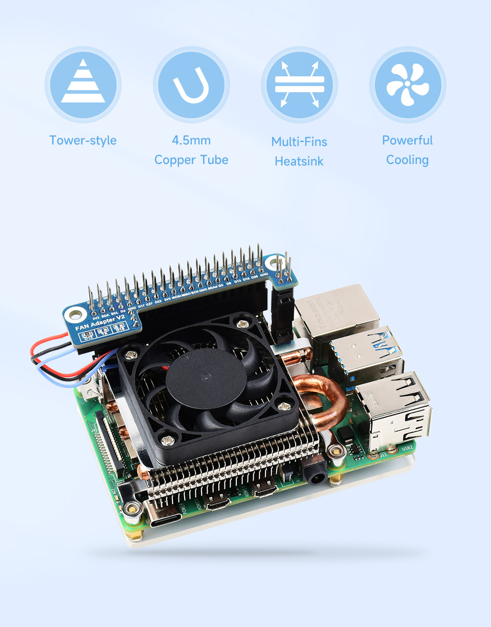 Ultra Thin ICE Tower Cooling Fan For Raspberry Pi 4B, 4.5mm Copper Tube,  adjustable speed, strong heat dissipation