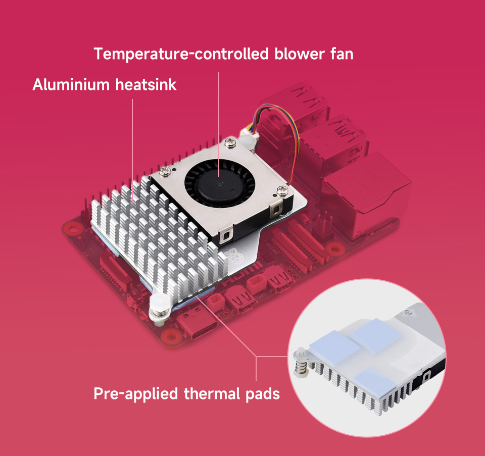 Official Raspberry Pi Active Cooler for Raspberry Pi 5,  Temperature-controlled Blower Fan, Aluminium Heatsink, With Thermal Tapes