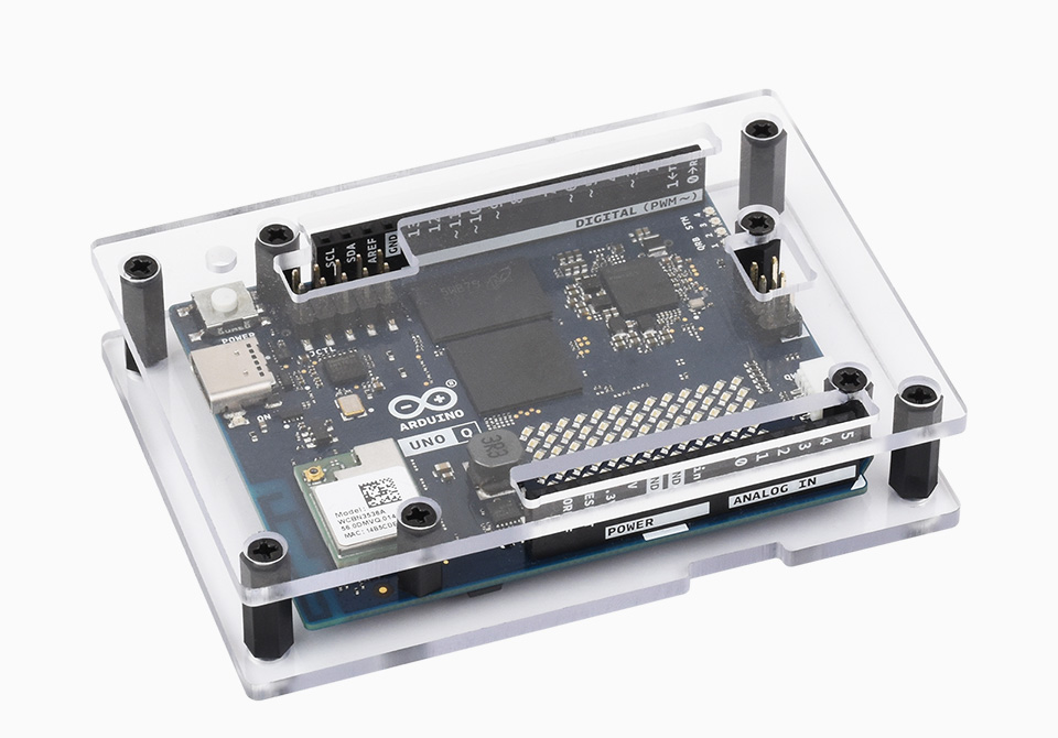 Arduino UNO Q installed in the transparent PC case kit