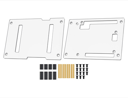 Arduino UNO Q Case Kit contents: PC plates, standoffs, and screws