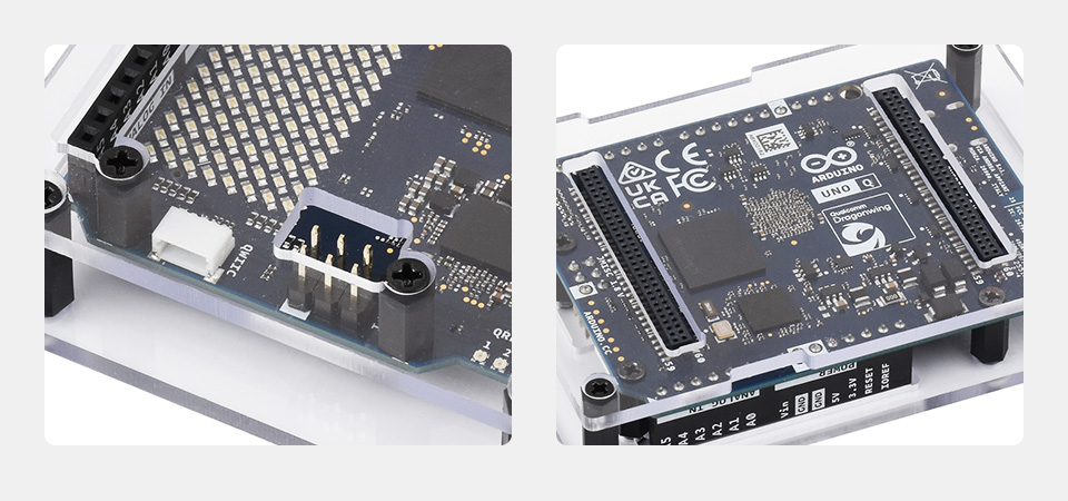 Close-up shot of accurately pre-cut port cutouts on transparent PC protective case, fully aligned with all Arduino UNO Q board peripherals and pin headers