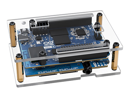 Installation example of Arduino UNO Q installed with UNO Media Carrier inside transparent PC case