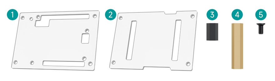 Transparent case plates, nylon and brass standoffs, and screws for assembly