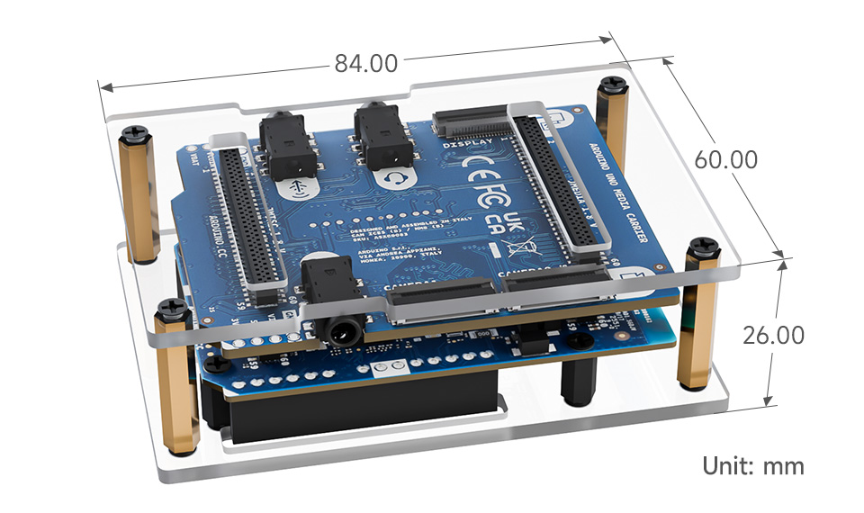 Outline dimensions of the case kit & board with carrier board assembly