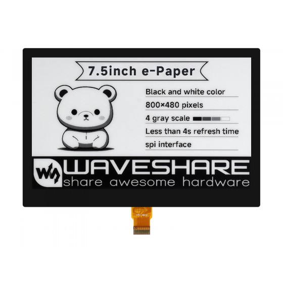 7.5inch e-Paper (G) E-Ink Optical Bonding Display, 800×480, Black / White, SPI, without PCB