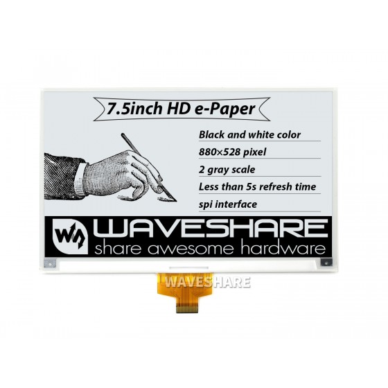 7.5inch HD e-Paper E-Ink Raw Display, 880×528, Black / White, SPI, without PCB